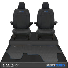Load image into Gallery viewer, New VW Transporter T7 Panel Van INKA Front Set Tailored Waterproof Seat Covers & Tailored Rubber Mat Black MY25 Onwards - Sport-Series Embroidery