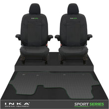 Load image into Gallery viewer, New VW Transporter T7 Panel Van INKA Front Set Tailored Waterproof Seat Covers & Tailored Rubber Mat Black MY25 Onwards - Sport-Series Embroidery