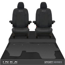 Load image into Gallery viewer, New VW Transporter T7 Panel Van INKA Front Set Tailored Waterproof Seat Covers & Tailored Rubber Mat Black MY25 Onwards - Sport-Series Embroidery