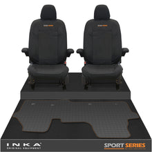 Load image into Gallery viewer, New VW Transporter T7 Panel Van INKA Front Set Tailored Waterproof Seat Covers & Tailored Rubber Mat Black MY25 Onwards - Sport-Series Embroidery