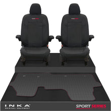 Load image into Gallery viewer, New VW Transporter T7 Panel Van INKA Front Set Tailored Waterproof Seat Covers & Tailored Rubber Mat Black MY25 Onwards - Sport-Series Embroidery