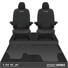 Load image into Gallery viewer, New VW Transporter T7 Panel Van INKA Front Set Tailored Waterproof Seat Covers & Tailored Rubber Mat Black MY25 Onwards - Sport-Series Embroidery