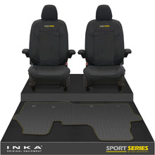 Load image into Gallery viewer, New VW Transporter T7 Panel Van INKA Front Set Tailored Waterproof Seat Covers & Tailored Rubber Mat Black MY25 Onwards - Sport-Series Embroidery