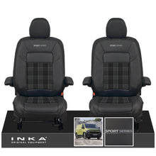 Load image into Gallery viewer, New VW Transporter T7 Panel Van INKA Front Leatherette Tartan Tailored Seat Cover Set Black MY25 Onwards - Sport-Series Embroidery