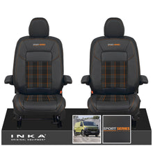 Load image into Gallery viewer, New VW Transporter T7 Panel Van INKA Front Leatherette Tartan Tailored Seat Cover Set Black MY25 Onwards - Sport-Series Embroidery