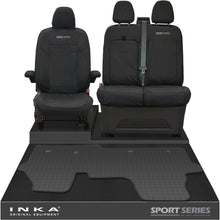 Load image into Gallery viewer, New VW Transporter T7 Panel Van INKA Front Set Tailored Waterproof Seat Covers & Tailored Rubber Mat Black MY25 Onwards - Sport-Series Embroidery