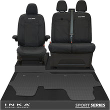 Load image into Gallery viewer, New VW Transporter T7 Panel Van INKA Front Set Tailored Waterproof Seat Covers & Tailored Rubber Mat Black MY25 Onwards - Sport-Series Embroidery