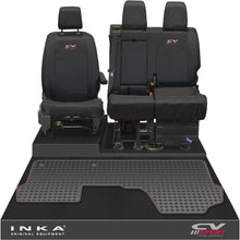 Load image into Gallery viewer, Vauxhall Opel Vivaro INKA Front 1+2 Tailored Waterproof Seat Covers & Tailored Rubber Mat Black MY19 to Present - CV Sport Embroidery