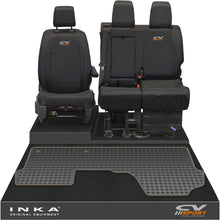 Load image into Gallery viewer, Vauxhall Opel Vivaro INKA Front 1+2 Tailored Waterproof Seat Covers & Tailored Rubber Mat Black MY19 to Present - CV Sport Embroidery