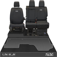 Load image into Gallery viewer, Vauxhall Opel Vivaro INKA Front 1+2 Tailored Waterproof Seat Covers & Tailored Rubber Mat Black MY19 to Present - CV Sport Embroidery