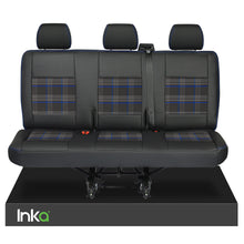 Load image into Gallery viewer, VW Transporter T6,T5 Rear Triple Seat Covers Black Matt Leatherette with coloured GTi Tartan Centres
