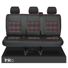 Load image into Gallery viewer, VW Transporter T6,T5 Rear Triple Seat Covers Black Matt Leatherette with coloured GTi Tartan Centres