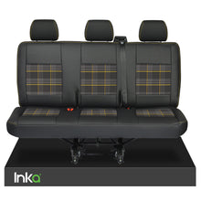 Load image into Gallery viewer, VW Transporter T6,T5 Rear Triple Seat Covers Black Matt Leatherette with coloured GTi Tartan Centres