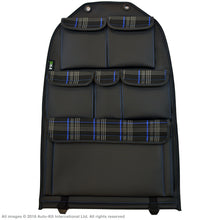 Load image into Gallery viewer, VW California T6.1,T6,T5 Inka Seatstor Seat Storage Six Pocket Organsier Tidy Black Leatherette With Tartan and colour matching bespoke " California Series" embroidery