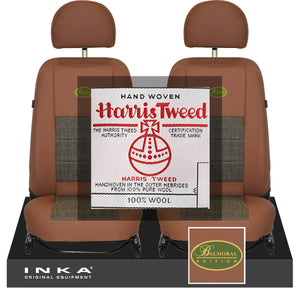 Land Rover Defender L316 INKA Tan Leatherette & Harris Tweed Front 1+1 Tailored Seat Covers MY07-16 With Embroidery