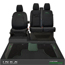 Load image into Gallery viewer, Ford Transit Custom MK1 Front 1+2 Tailored Waterproof Seat Covers &amp; Tailored Leatherette Floor Mat Black MY-12-23 (Choice of 7 Colours)- Custom Professional Embroidery

