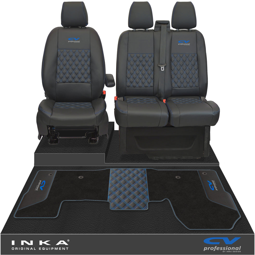 Ford Transit MK8/MK9 Front 1+2 Bentley Diamond Quilt Tailored Seat Covers & Matching Tailored Floor Mat Black MY2014 Onwards