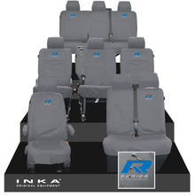 Load image into Gallery viewer, VW Transporter Shuttle T6.1, T6 Full Set Tailored Waterproof Seat Covers Grey MY 15-23 - R-Series Embroidery
