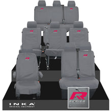 Load image into Gallery viewer, VW Transporter Shuttle T6.1, T6 Full Set Tailored Waterproof Seat Covers Grey MY 15-23 - R-Series Embroidery

