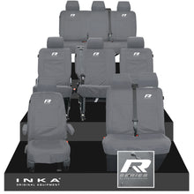Load image into Gallery viewer, VW Transporter Shuttle T6.1, T6 Full Set Tailored Waterproof Seat Covers Grey MY 15-23 - R-Series Embroidery
