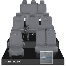 Load image into Gallery viewer, VW Transporter Shuttle T6.1, T6 Full Set Tailored Waterproof Seat Covers Grey MY 15-23 - R-Series Embroidery
