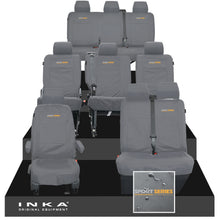 Load image into Gallery viewer, VW Transporter Shuttle T6.1, T6 Full Set Tailored Waterproof Seat Covers Grey MY 15-23 - R-Series Embroidery
