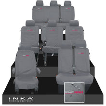 Load image into Gallery viewer, VW Transporter Shuttle T6.1, T6 Full Set Tailored Waterproof Seat Covers Grey MY 15-23 - R-Series Embroidery
