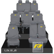 Load image into Gallery viewer, VW Transporter Shuttle T6.1, T6 Full Set Tailored Waterproof Seat Covers Grey MY 15-23 - R-Series Embroidery
