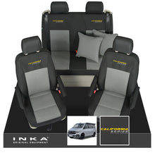 Load image into Gallery viewer, VW California T6.1, T6, T5.1, T5 Ocean, Coast, Beach, SE, Surf INKA Tailored Front &amp; Rear Seat Covers Set Second Skin Black With Grey Vision centres With Embroidery  MY14 Onwards
