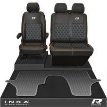 Load image into Gallery viewer, VW Transporter T6.1, T6, T5.1 Front 1+2 Bentley Diamond Quilt Leatherette Tailored Seat Covers &amp; Tailored Rubber Mat Black MY 2015 Onwards (Choice of 7 Colours)

