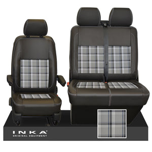 VW Transporter T6.1, T6, T5.1 Front 1+2 INKA Leatherette Tartan Tailored Seat Covers Black (Choice of 7 Colors)
