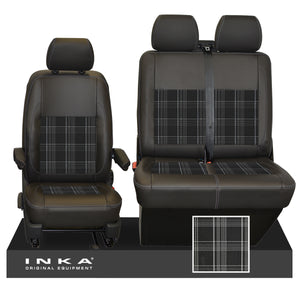 VW Transporter T6.1, T6, T5.1 Front 1+2 INKA Leatherette Tartan Tailored Seat Covers Black (Choice of 7 Colors)