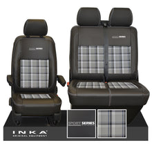 Load image into Gallery viewer, VW Transporter T6.1, T6, T5.1 Front 1+2 Sport-Series INKA Leatherette Tartan Tailored Seat Covers Black (Choice of 7 Colors)
