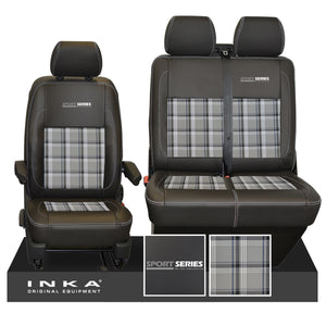 VW Transporter T6.1, T6, T5.1 Front 1+2 Sport-Series INKA Leatherette Tartan Tailored Seat Covers Black (Choice of 7 Colors)