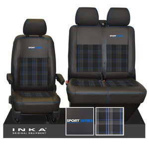 VW Transporter T6.1, T6, T5.1 Front 1+2 Sport-Series INKA Leatherette Tartan Tailored Seat Covers Black (Choice of 7 Colors)
