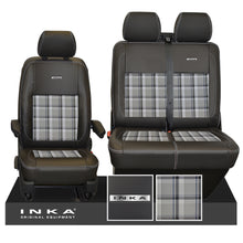 Load image into Gallery viewer, VW Transporter T6.1, T6, T5.1 Front 1+2 INKA Steel Badge Leatherette Tartan Tailored Seat Covers Black (Choice of 7 Colors)
