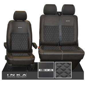 VW Transporter T6.1, T6, T5.1 Front 1+2 INKA Steel Badge Leatherette Suedetara Tailored Seat Covers Black (Choice of 7 Colors)