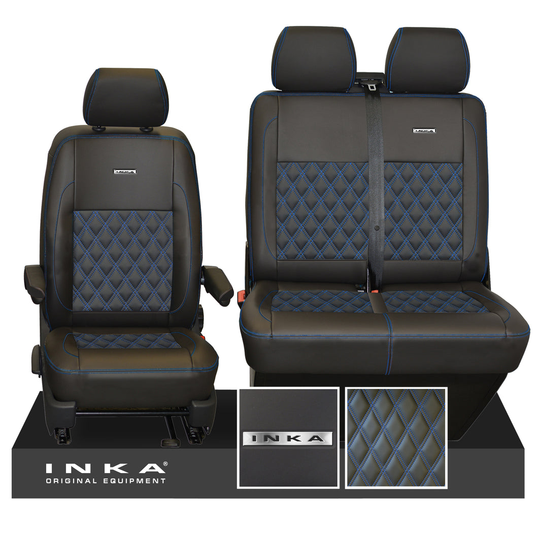 VW Transporter T6.1, T6, T5.1 Front 1+2 INKA Steel Badge Leatherette Tailored Seat Covers Black (Choice of 7 Colors)