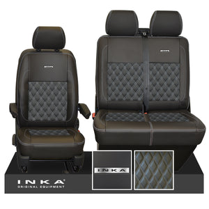 VW Transporter T6.1, T6, T5.1 Front 1+2 INKA Steel Badge Leatherette Tailored Seat Covers Black Fits Panel Van & Kombi