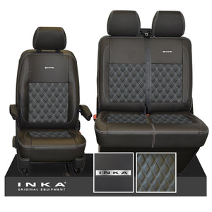 VW Transporter T6.1, T6, T5.1 Front 1+2 INKA Steel Badge Leatherette Tailored Seat Covers Black (Choice of 7 Colors)