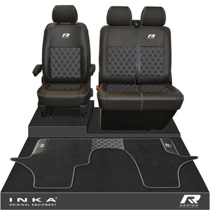 New VW Transporter T6.1, T6, T5.1 Front 1+2 Bentley Diamond Quilt Tailored Leatherette Seat Covers & Matching Tailored Floor Mat Black