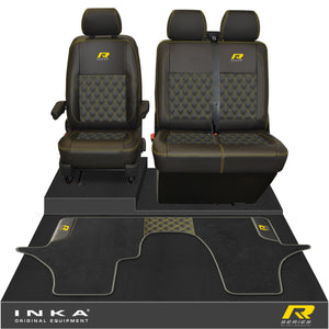 New VW Transporter T6.1, T6, T5.1 Front 1+2 Bentley Diamond Quilt Tailored Leatherette Seat Covers & Matching Tailored Floor Mat Black