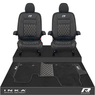 New VW Transporter T7 Panel Van INKA Front Bentley Leatherette Tailored Seat Covers & Matching Tailored Floor Mat Black MY25 Onwards - R-Series Embroidery