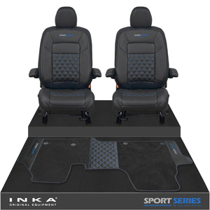 New VW Transporter T7 Panel Van INKA Front Bentley Leatherette Tailored Seat Covers & Matching Tailored Floor Mat Black MY25 Onwards