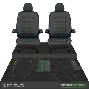 New VW Transporter T7 Panel Van INKA Front Bentley Leatherette Tailored Seat Covers & Matching Tailored Floor Mat Black MY25 Onwards