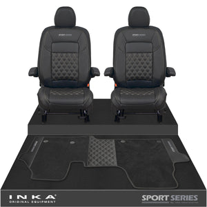 New VW Transporter T7 Panel Van INKA Front Bentley Leatherette Tailored Seat Covers & Matching Tailored Floor Mat Black MY25 Onwards