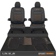 New VW Transporter T7 Panel Van INKA Front Bentley Leatherette Tailored Seat Covers & Matching Tailored Floor Mat Black MY25 Onwards - Sport-Series Embroidery