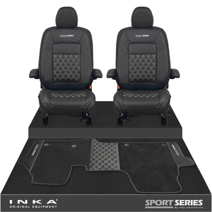 New VW Transporter T7 Panel Van INKA Front Bentley Leatherette Tailored Seat Covers & Matching Tailored Floor Mat Black MY25 Onwards