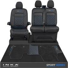 Load image into Gallery viewer, New VW Transporter T7 Panel Van INKA Front Bentley Leatherette Tailored Seat Covers &amp; Matching Tailored Floor Mat Black MY25 Onwards - Sport-Series Embroidery
