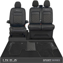 Load image into Gallery viewer, New VW Transporter T7 Panel Van INKA Front Bentley Leatherette Tailored Seat Covers &amp; Matching Tailored Floor Mat Black MY25 Onwards - Sport-Series Embroidery
